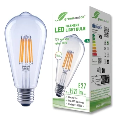 Afbeelding van greenandco Heldere led filamentlamp, E27, ST64, 7,2 W, 1521 lm, vervangt 100 3000 K, warmwit, 320 graden, 230 V, flikkervrij, energieklasse A, niet dimbaar