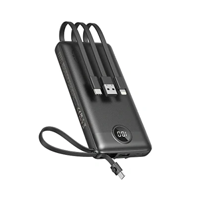 Afbeelding van VEEKTOMX 10000mAh Power bank met Ingebouwde Kabels, powerbank USB C 2,4A Fast Charge 5 Output en LED display Externe batterij (Black)