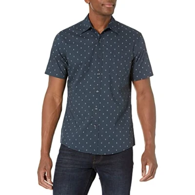 Afbeelding van Amazon Essentials Men&#039;s Shirt met korte mouwen, print en slanke pasvorm, Marineblauw Wit Ankerprint, XL
