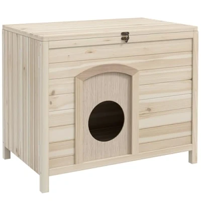Afbeelding van PawHut Opvouwbaar dierenhok binnen kattenbak hek kennel massief hout naturel D51 201
