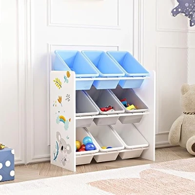 Afbeelding van [en.casa] Kinderrek Muxía met 9 opbergdozen speelgoedkast Koala motief wit grijs blauw kinderkamer