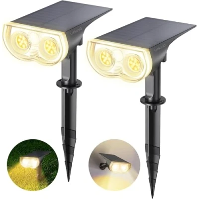 Afbeelding van Linkind LED zonnelampen, schemer tot dageraad licht zintuiglijk zonnelicht, IP67 waterdichte buitenwandlamp, 650lm 3000K warm wit zonnepadverlichtingsspot voor ingang garagepad, set van 2