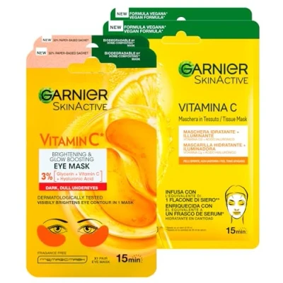 Afbeelding van Garnier SkinActive Vitamine C masker voor het verlichten van de ogen, hyaluronzuur biologisch afbreekbare stof, 2 toepassingen + hydraterend wegwerp gezichtsmasker hyaluronzuur,