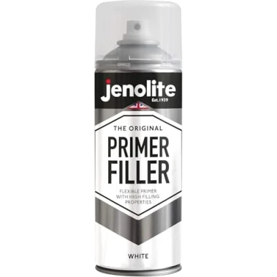 Afbeelding van JENOLITE Primervuller Spuitbusverf WIT Flexibele primer met hoge vuleigenschappen Vult kleine deuken en krassen voor een gladde afwerking 400 ml