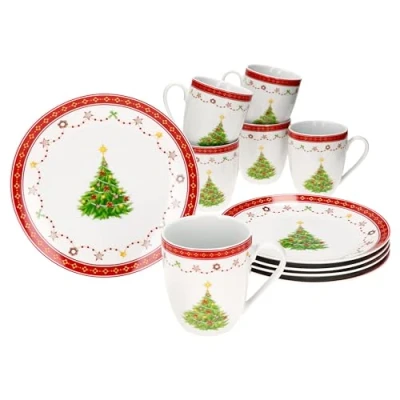 Afbeelding van MamboCat Kerstdroom 12 delige ontbijtset, 6 x kleine ontbijtborden en koffiebekers 340 ml voor personen, met kerstdecoratie, porseleinen servies Kerstmis, advent Sinterklaas