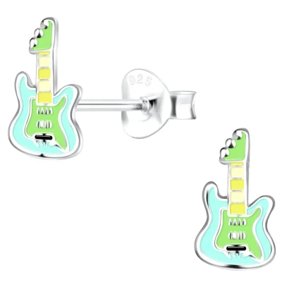 Afbeelding van JoyS Zilveren gitaar oorbellen 5 x 9 mm blauw groen kinderoorbellen