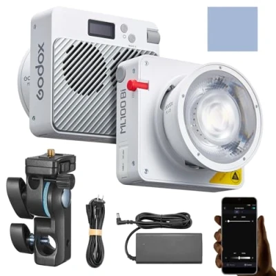 Afbeelding van Godox ML100Bi 100W LED videolamp, 2800K 6500K tweekleurig vullicht TLCI 98+, CRI 97+, 11 lichteffecten, app afstandsbediening, houder met 15 lensreflector
