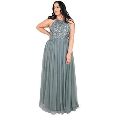 Afbeelding van Maya Deluxe Maxi jurk voor dames, bruidsmeisje, halterjurk, pailletten, versierd, eindexamenfeest, bruiloft, Misty Groen, 38