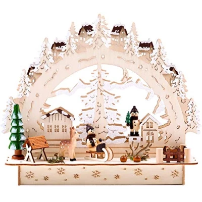 Afbeelding van BRUBAKER 3D LED lichtboog winterlandschap met dorp verlichting hout natuur 27,5 x 24,5 8,7 cm handbeschilderd