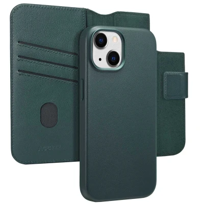 Afbeelding van Apple iPhone 15 MagSafe Hoesje Echt leder Accezz Bookcase/2 in 1 Case Donkergroen Telefoonhoesje