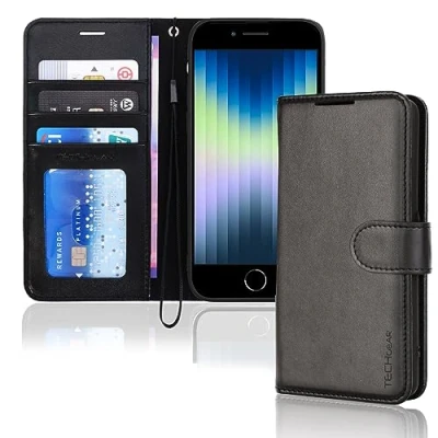 Afbeelding van TECHGEAR Leren portemonneehoesje voor iPhone SE 2022 5G / 2020, 8/7/6, flipcase, kaarthouder en standaard, polsband zwart PU leer, magnetische sluiting 3 2 8 7 6