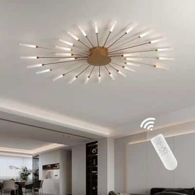 Afbeelding van Moderne led plafondlamp, 28 koppen, dimbaar, halfinbouwplafondlamp, goudkleurig, voor slaapkamer, woonkamer, keuken, eetkamer, restaurant, kantoor, 3000 K 6000 K, met afstandsbediening