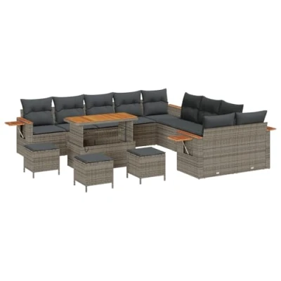 Afbeelding van vidaXL 14 delige tuinsofa set met kussens grijs poly rattan en acacia