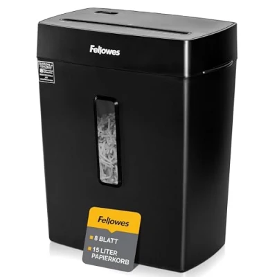 Afbeelding van Fellowes Papierversnipperaar 8 vel (P4), papiervernietiger voor thuis en thuiskantoor, Powershred FS 8C, met 15 liter afvalbak, verwerkt creditcards, nietjes, zwart
