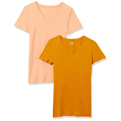 Afbeelding van Amazon Essentials Women&#039;s T shirt met korte mouwen en V hals in klassieke pasvorm, Pack of 2, Goudgeel/Koraaloranje, XS