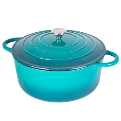Afbeelding van Gietijzeren Pot met Deksel Anti aanbaklaag, Ovenbestendig, Geëmailleerde Braadpot Robuust Kookgerei Blauwgroen 6,9L Van Nuovva
