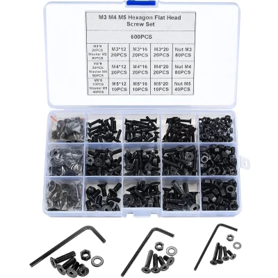 Afbeelding van 600 stuks zeskantige platte kop bouten, moeren en schroeven set verzonken dopschroeven, M3, M4 M5 sluitringen Schroefassortiment set, machineschroeven, bevestigingsmiddel met inbussleutel