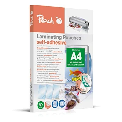 Afbeelding van Peach Lamineerfolie A4 80 mic 100 pouches zelfklevende achterkant geschikt voor zelfgemaakte afbeeldingen of borden etc. alle lamineermachines S PP080 17