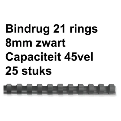 Afbeelding van Bindrug Fellowes 8mm 21rings A4 zwart 25stuks