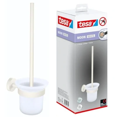 Afbeelding van tesa® MOON WHITE Toilet set met Houder en Wc borstel, mat wit, satijn glas voor Badkamers in Industriële Moderne Stijl Zonder Boren, Zelfklevend 379 mm x 112 145