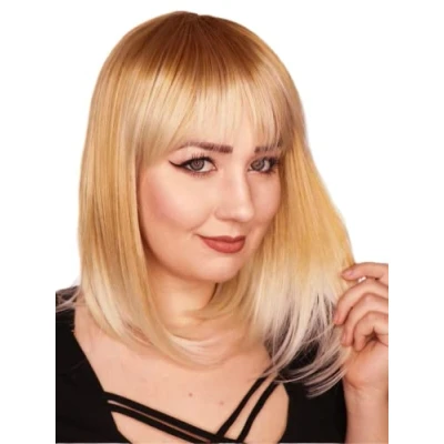 Afbeelding van Prettyland Blond Ombre Gradient Medium Lang Glad Matte Natuurlijke Statische Gratis Pruik Bob Bangs C938