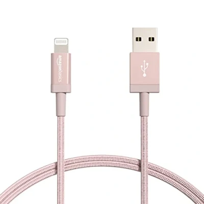 Afbeelding van Amazon Basics Lightning naar USB A kabel van gevlochten nylon, MFi gecertificeerde iPhone oplader, roségoud, 0,9 m (verpakking 2 stuks)