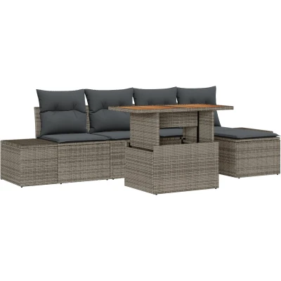 Afbeelding van vidaXL 6 delige tuin dining set met kussens grijs poly rattan acacia