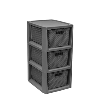 Afbeelding van BranQ Home essential 100% gerecyclede kunststof PP, ecologisch, rek in rotan design, 29,5 x 24 48,7 cm, 3 manden, antraciet
