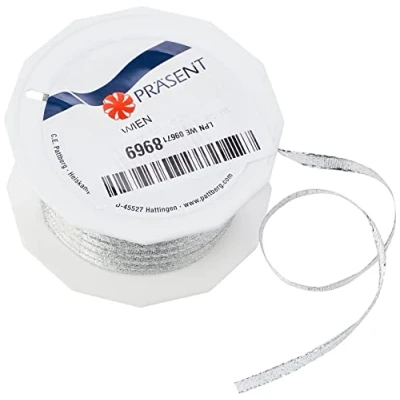 Afbeelding van PRÄSENT C.E. Pattberg Wenen cadeaulint zilver, 50 m om in te pakken, 5 mm breed, accessoires voor decoreren en knutselen, decoratief lint geschenken