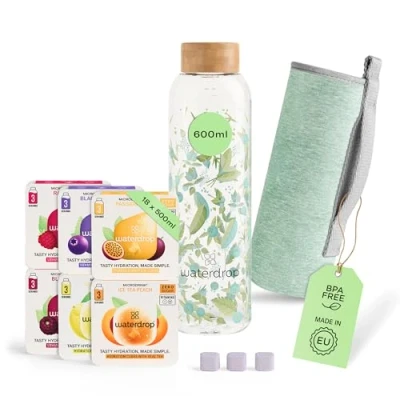 Afbeelding van waterdrop® Starterset Glas Clean Melange 1 drinkfles 600 ml + 18 Microdrink bruistabletten