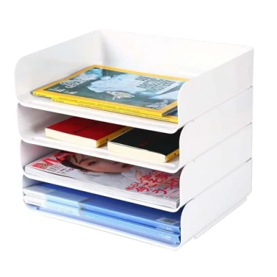 Afbeelding van Stapelbare A4 brievenbakjes met 4 niveaus, kantoorbureau, archiefrek, opgeruimd document, briefpapier, organizer (4 lagen, wit)
