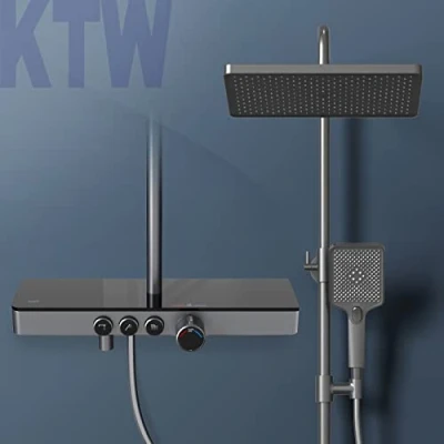 Afbeelding van EMKE Douchesysteem met thermostaat, doucheset, 45 cm thermostatische plaat, handdouche 3 straalsoorten, regendouche kraan, regendouche, KTW certificering, mat antraciet