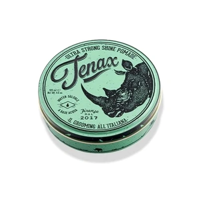 Afbeelding van Tenax Ultra Strong Shine Pomade 125ml op waterbasis voor heren geeft superstevige fixatie en sterke glans, gemakkelijk uit te wassen haarwas met kenmerkende geur