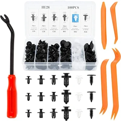 Afbeelding van 100 stuks universele kunststof auto klinknagel beveiliging Clips 6 grootte autodeur Clips, met 5 deurpaneel verwijdering gereedschap demontage