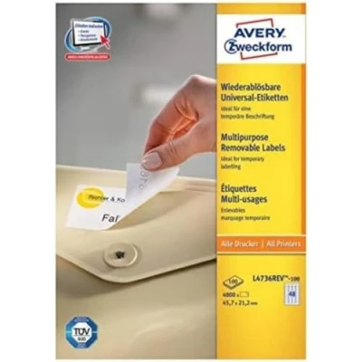 Afbeelding van Avery Zweckform L4736REV 100 Universele etiketten 45.7 x 21.2 mm Papier Wit 4800 stuk(s) Weer verwijderbaar Inkjet, Laser (zwart/wit), (kleur), Kopiëren