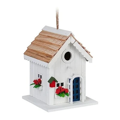 Afbeelding van Relaxdays decoratief vogelhuisje, landhuisstijl, hout, hangend, H x B D: 23,5 18 cm, vogelnestkastje, tuin, wit