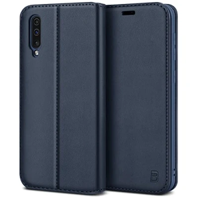 Afbeelding van BEZ Samsung A50 Hoesje Bookcase, Book Case PU Leer Wallet Met Pasjeshouder voor Galaxy A50, Telefoonhoes Leren Portemonnee Flip Cover, Standaard, Magnetische Sluiting, Blauw