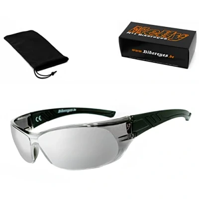 Afbeelding van HELLY® No.1 Bikereyes® Bikerbril, motorzonnebril, motorbril, condensvrij, winddicht, onbreekbaar, top draaggevoel, bril: i cut (laser silver gespiegeld))