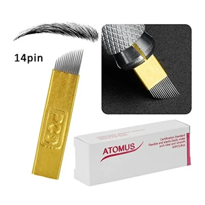 Afbeelding van ATOMUS 50 stuks microblading naalden 14pin liner permanente make up wenkbrauw (goud)