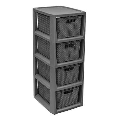Afbeelding van BranQ Home Essential 100% gerecyclede kunststof PP, ecologisch, plank in rotan design, 29,5 x 24 64,2 cm, 4 manden, antraciet