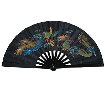 Afbeelding van Chinese bamboe waaier Ideaal voor tai chi/dans, Dragon And Phoenix zwarte achtergrond