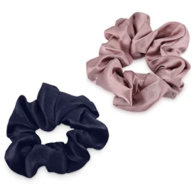 Afbeelding van Navaris set van 2 scrunchies 100% zijde 2x scrunchie Haarelastiekjes Haarwokkels Haaraccessoires Voor paardenstaart en knot Blauw/Roze