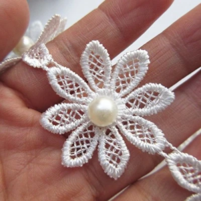 Afbeelding van 2 Yard Daisy Bloem Parel Kant Trim Lint 4 cm Breedte Vintage Stijl Witte Rand Trimmings Stof Geborduurde Applique Naaien Craft Bruiloft Bruidsjurk Diy Party Kleding Borduren