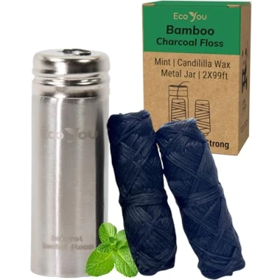 Afbeelding van EcoYou Bamboe Houtskool Tandfloss 2 Vullingen + Hervulbare Metalen Houder Mint &amp; Candelilla Wax Veganistisch Biologisch afbreekbaar