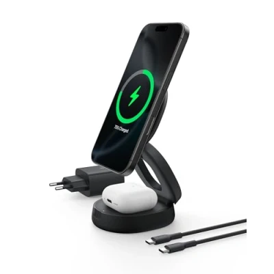 Afbeelding van Belkin 2 in 1 Draadloze Draagbare Lader, Verstelbare Magnetische Laadstandaard (15 W), MagSafe compatible Qi2 lader voor iPhone 16 en AirPods, met verzwaarde antislip voet 30W laadadapter Zwart