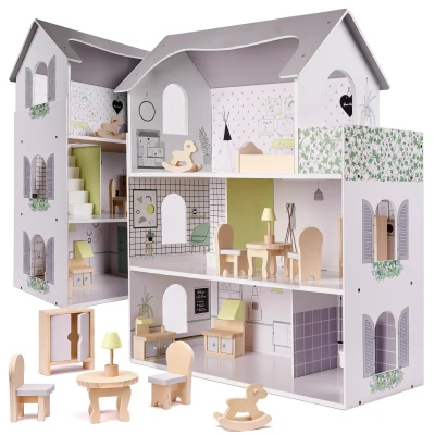 Afbeelding van Zeer luxe XL houten poppenhuis met meubels 70 cm grijs