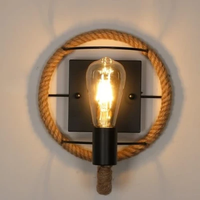 Afbeelding van Comely Vintage industriële wandlamp, wandlamp voor binnen, retro, ijzer, henneptouw, lamp, E27 fitting bars, lofts, 26 cm (zonder lamp)