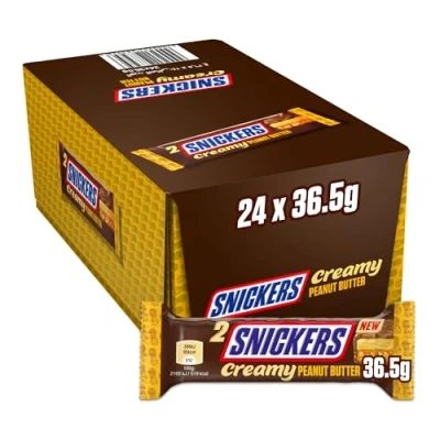 Afbeelding van Snickers Creamy Peanut Boter, melkchocolade gevuld met pindakaad, karamel en pinda&#039;s, 24 dubbele repen (24 x 36,5 g), 876 g