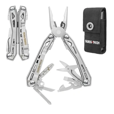 Afbeelding van Swiss+Tech Multitool 16 in 1, Multifunctionele tang, Roestvrij Staal, Multifunctioneel Gereedschap, Opvouwbaare Tang met Schaar, Flesopener, Riemclip voor Outdoor Repareren, Draagtas, Zilver