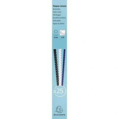 Afbeelding van Exacompta Ref 76100E Bindkammen 6mm dik, 21 ringen, geschikt voor A4 documenten, houdt ca. 2 20 vellen, gemaakt van PVC materiaal wit (Pack 25)